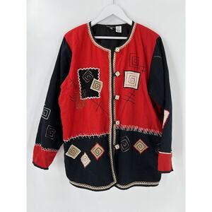 Fashion Bug Vintage Jacket Womens 14/16 Red Black Button Embroidered Patchwork